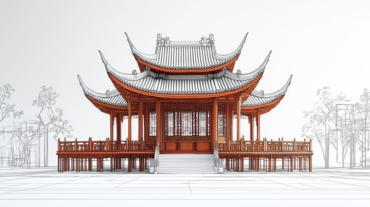 Architectural Sketch Chinese Pavilion Red Lines Mural Wallpaper | Technical Drawing