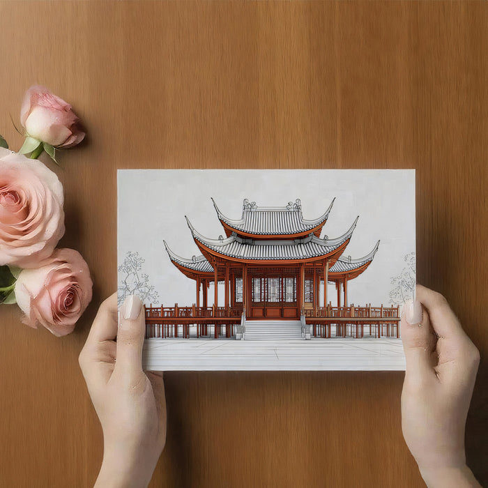 Architectural Sketch Chinese Pavilion Red Lines Mural Wallpaper | Technical Drawing