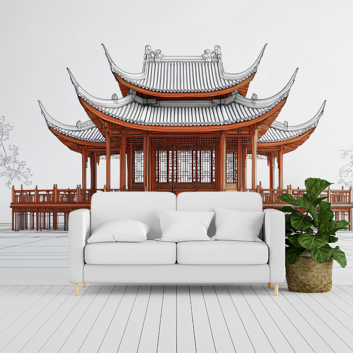 Architectural Sketch Chinese Pavilion Red Lines Mural Wallpaper | Technical Drawing