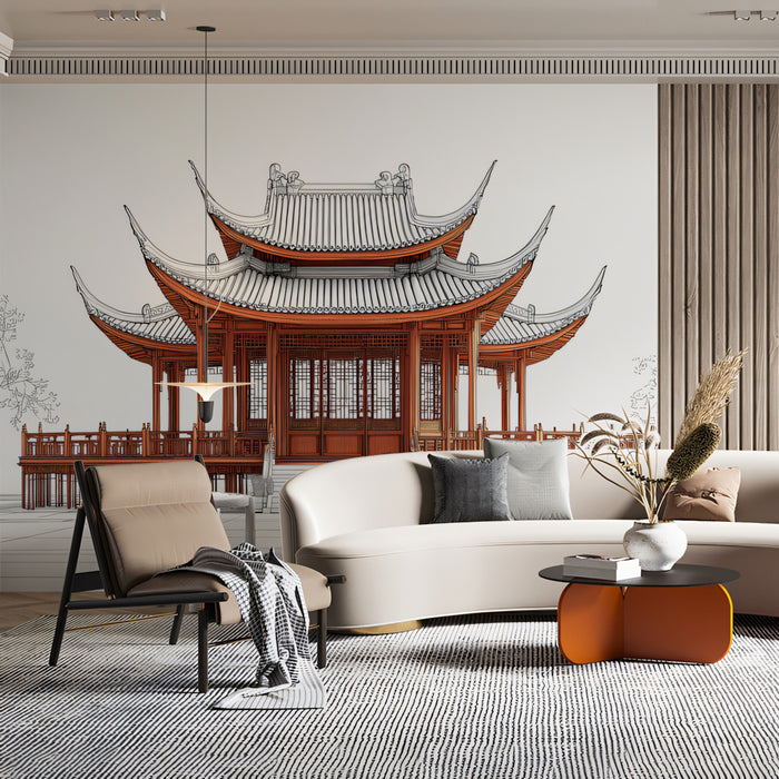 Architectural Sketch Chinese Pavilion Red Lines Mural Wallpaper | Technical Drawing