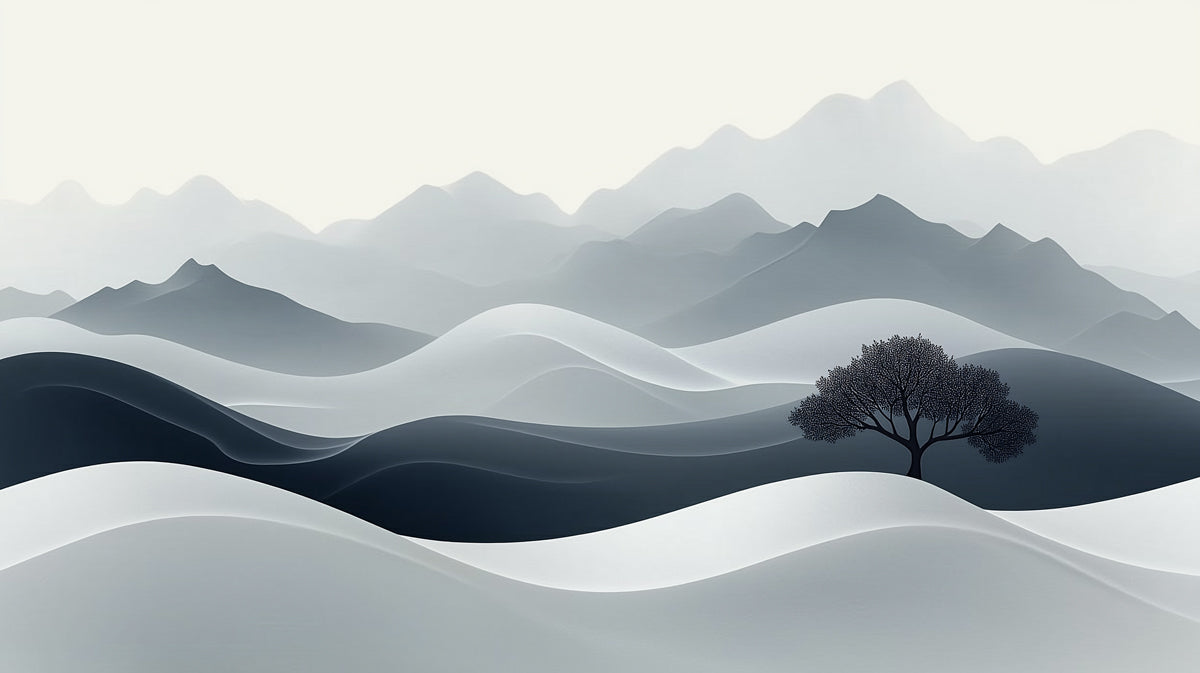 Minimalist Black and White Rolling Hills Tree Mural Wallpaper | Zen Landscape