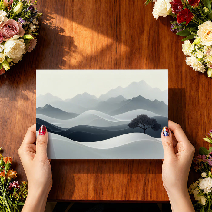 Minimalist Black and White Rolling Hills Tree Mural Wallpaper | Zen Landscape