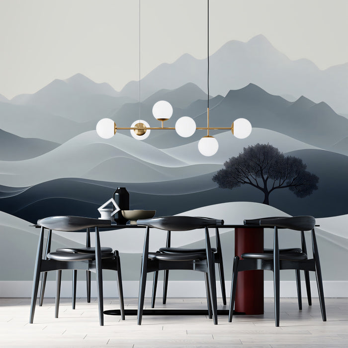 Minimalist Black and White Rolling Hills Tree Mural Wallpaper | Zen Landscape