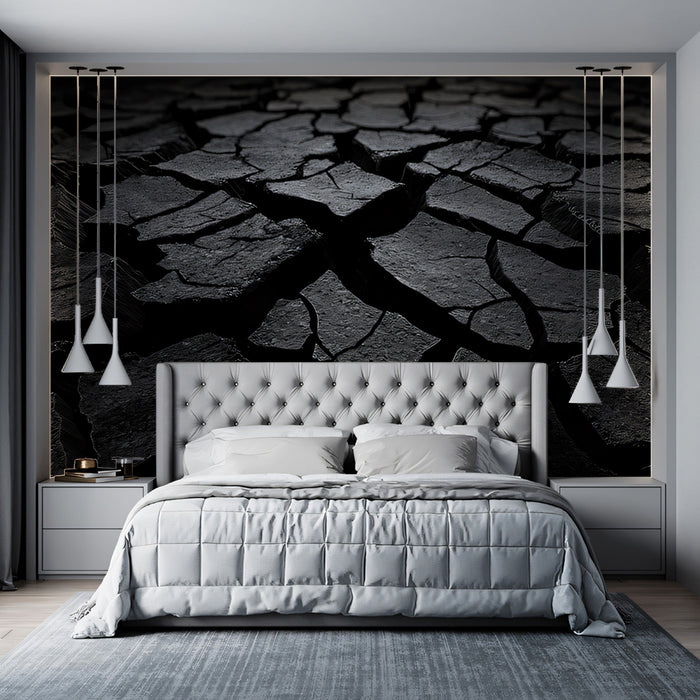 Cracked Earth Texture Dark Monochrome Mural Wallpaper | Dramatic Abstract Art