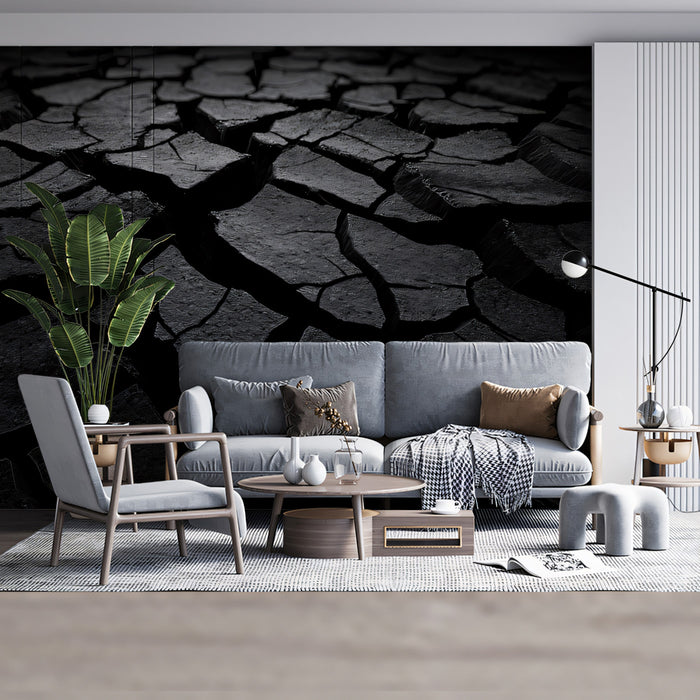 Cracked Earth Texture Dark Monochrome Mural Wallpaper | Dramatic Abstract Art