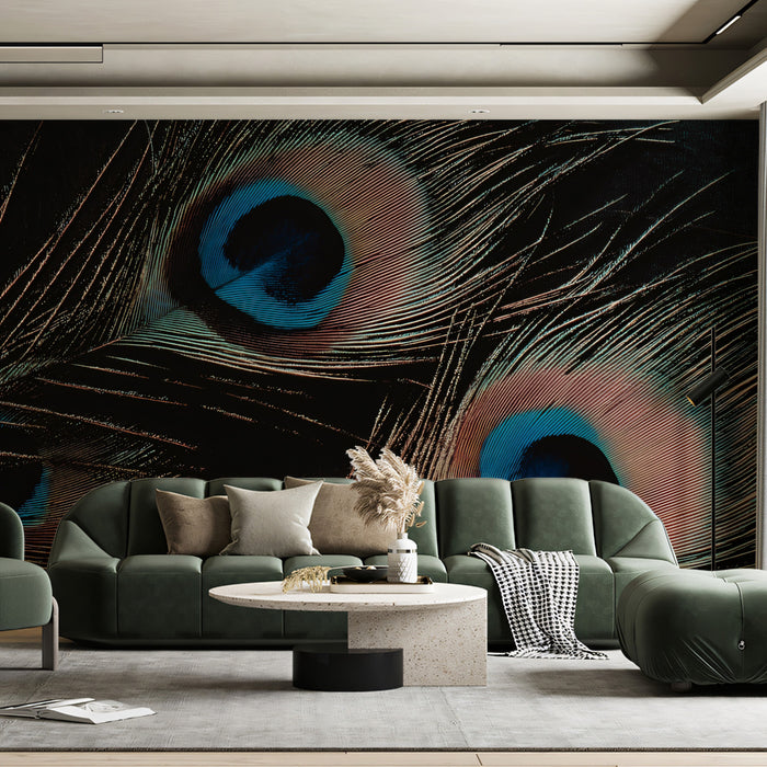 Peacock Feathers Dark Background Macro Mural Wallpaper | Elegant Texture