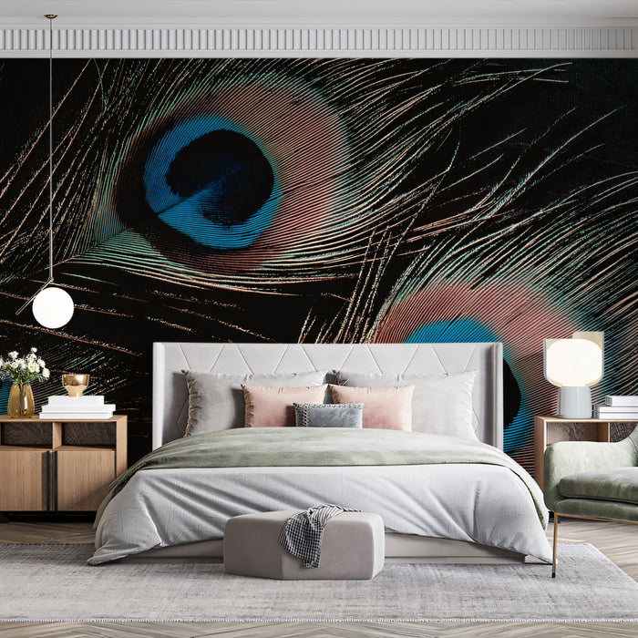 Peacock Feathers Dark Background Macro Mural Wallpaper | Elegant Texture