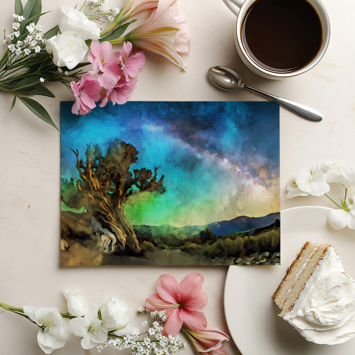 Watercolor Old Tree Starry Night Sky Mural Wallpaper | Artistic Landscape