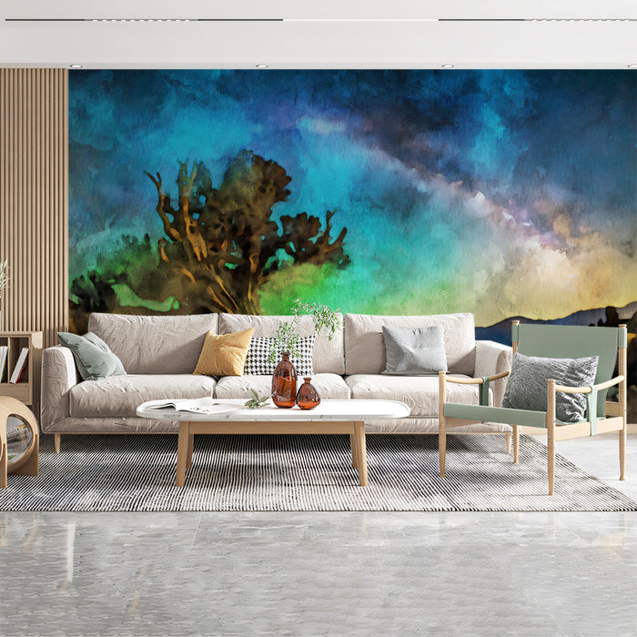 Watercolor Old Tree Starry Night Sky Mural Wallpaper | Artistic Landscape