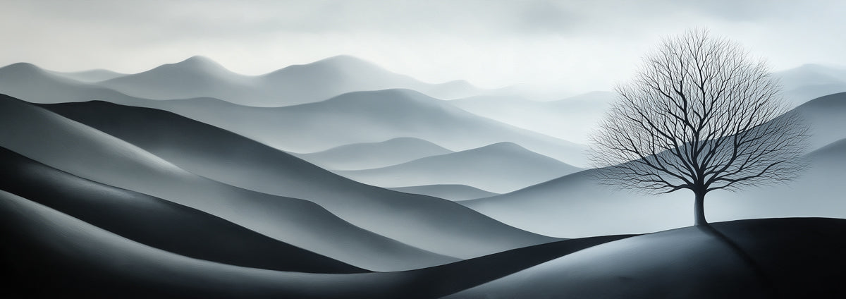 Minimalist Monochrome Rolling Hills Solitary Tree Mural Wallpaper | Calm Landscape