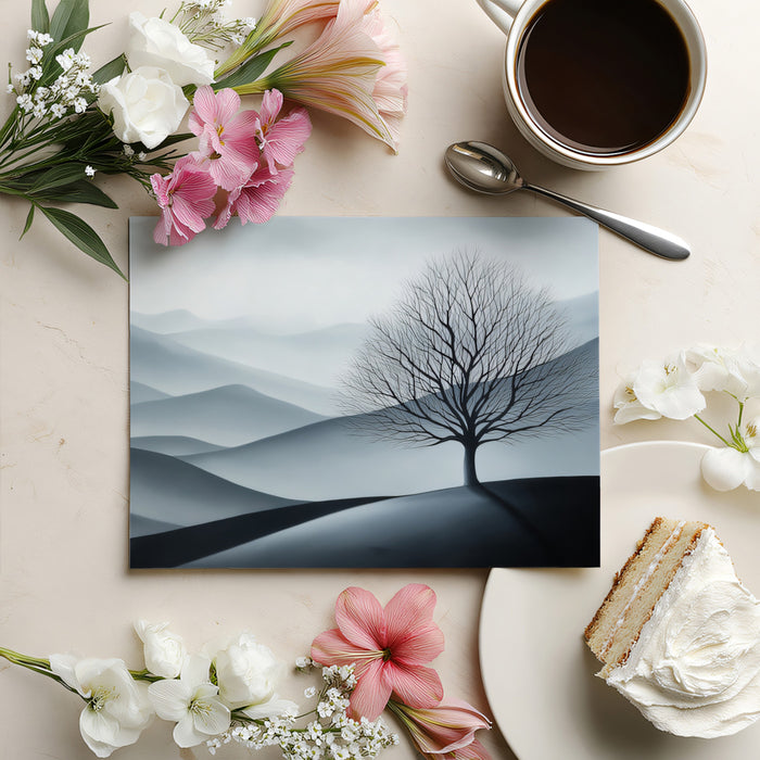 Minimalist Monochrome Rolling Hills Solitary Tree Mural Wallpaper | Calm Landscape