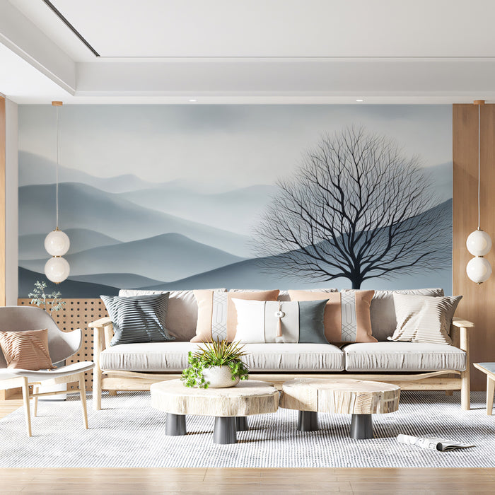 Minimalist Monochrome Rolling Hills Solitary Tree Mural Wallpaper | Calm Landscape