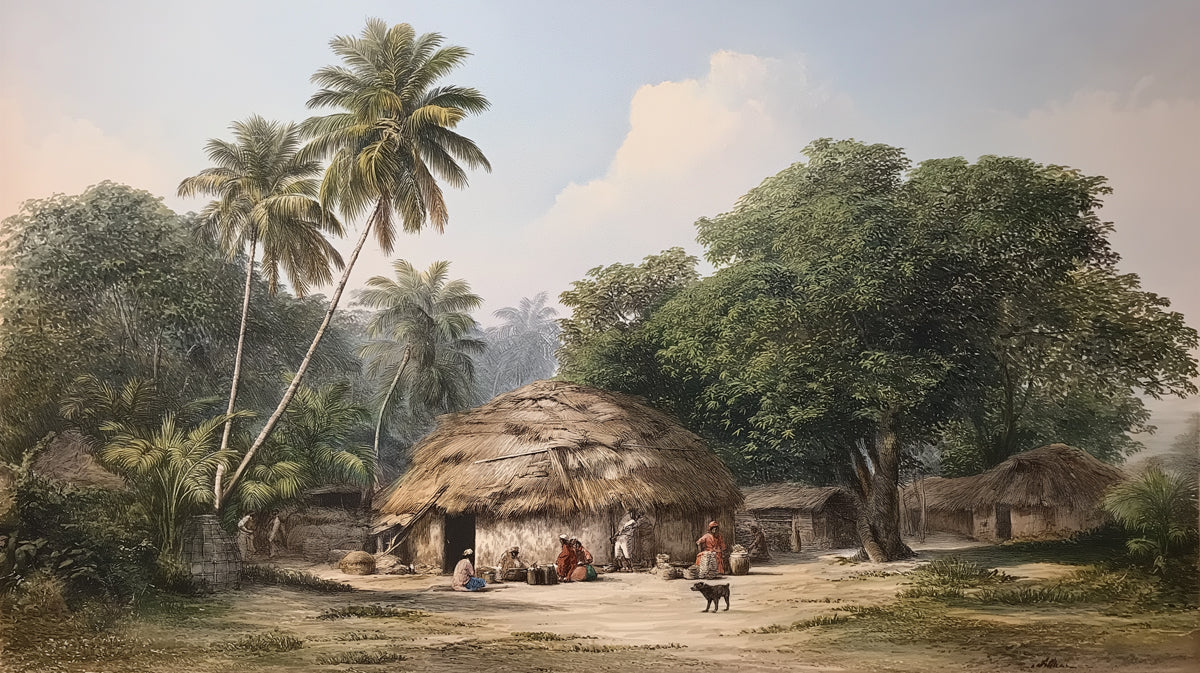 Vintage Tropical Village Life Mural | Colonial Style Palm Tree Wallpaper