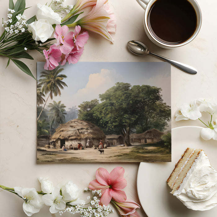 Vintage Tropical Village Life Mural | Colonial Style Palm Tree Wallpaper