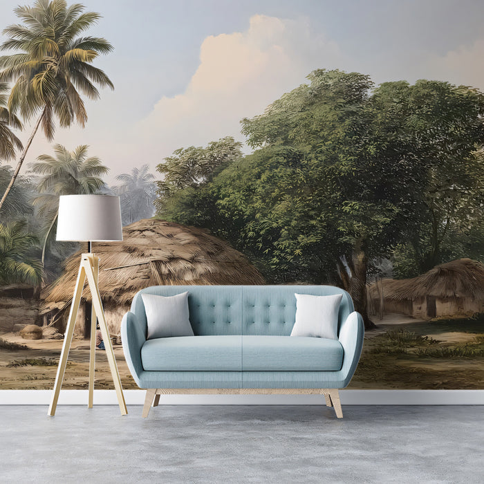 Vintage Tropical Village Life Mural | Colonial Style Palm Tree Wallpaper