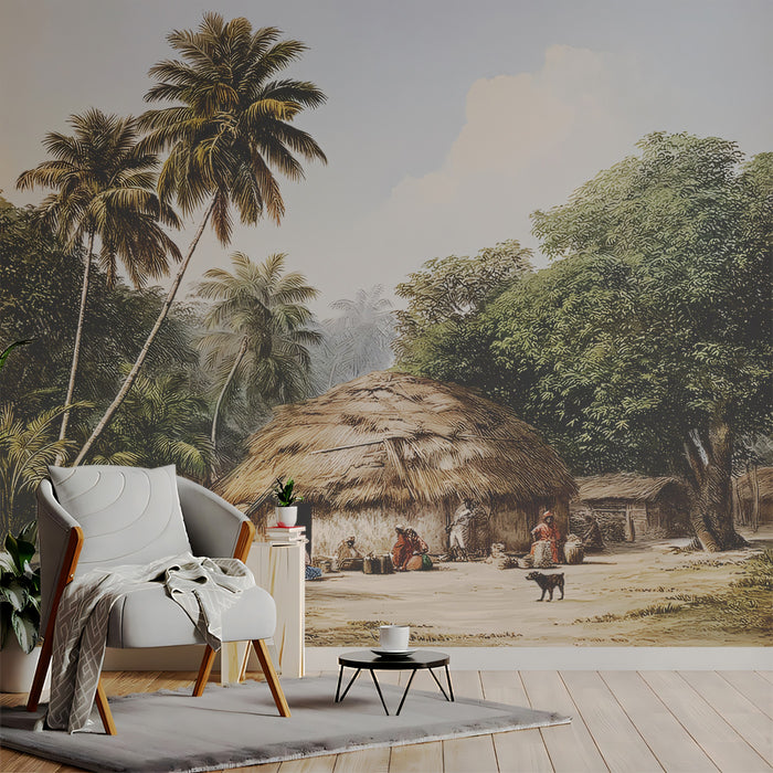 Vintage Tropical Village Life Mural | Colonial Style Palm Tree Wallpaper