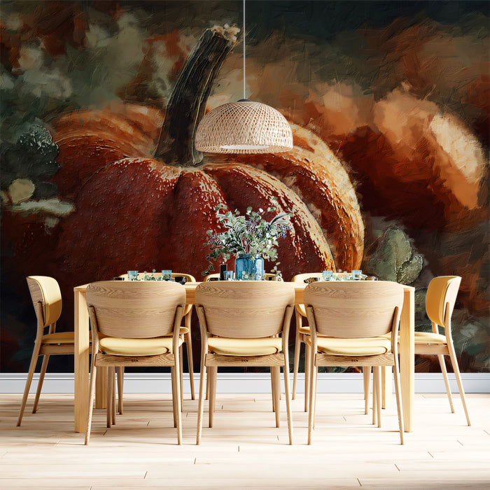 Rustic Autumn Pumpkin Oil Painting Mural | Farmhouse Harvest Art Wallpaper