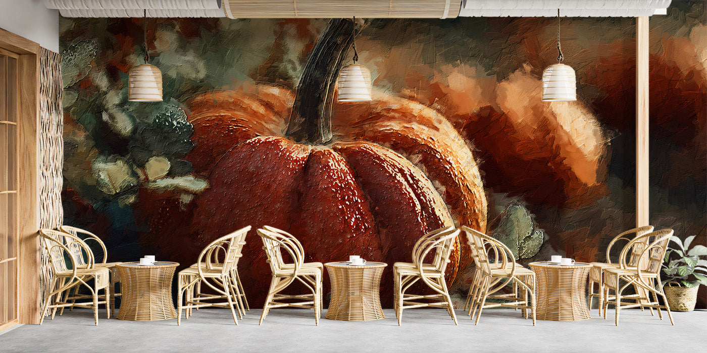 Rustic Autumn Pumpkin Oil Painting Mural | Farmhouse Harvest Art Wallpaper