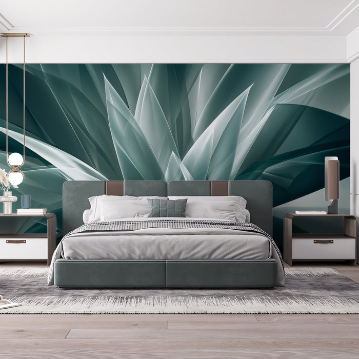 Abstract Teal Botanical Geometry Mural | Modern Crystalline Flora Wallpaper