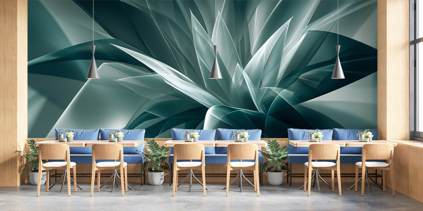 Abstract Teal Botanical Geometry Mural | Modern Crystalline Flora Wallpaper