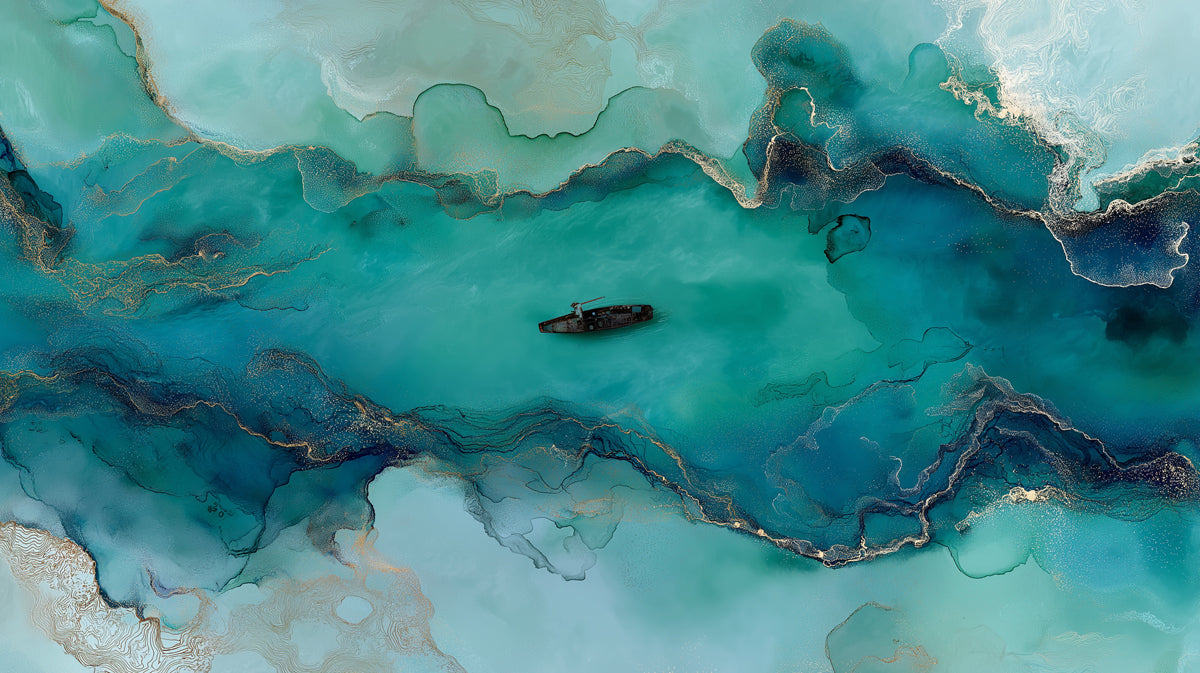 Teal Fluid Alcohol Ink Boat Mural | Abstract Gold Vein Ocean Wallpaper