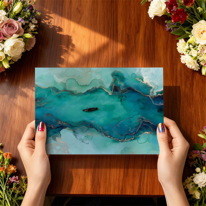 Teal Fluid Alcohol Ink Boat Mural | Abstract Gold Vein Ocean Wallpaper