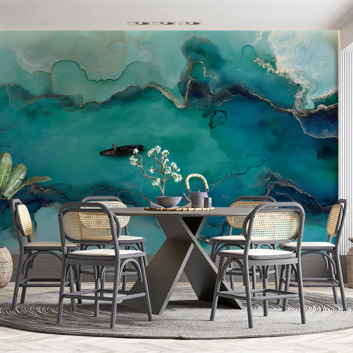 Teal Fluid Alcohol Ink Boat Mural | Abstract Gold Vein Ocean Wallpaper