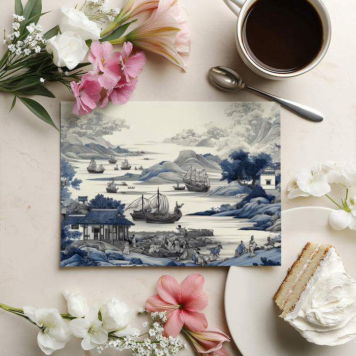 Classic Blue and White Porcelain Landscape Mural | Traditional Chinoiserie Seascape Wallpaper