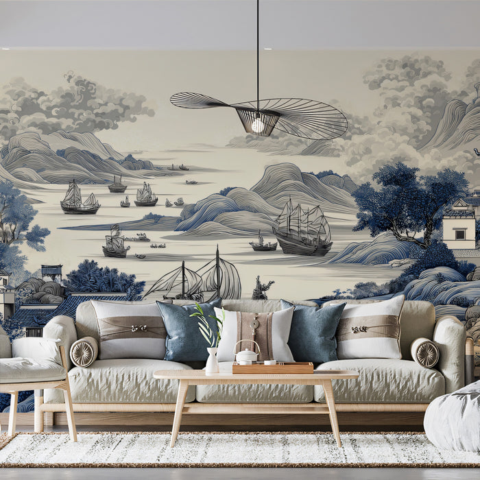 Classic Blue and White Porcelain Landscape Mural | Traditional Chinoiserie Seascape Wallpaper