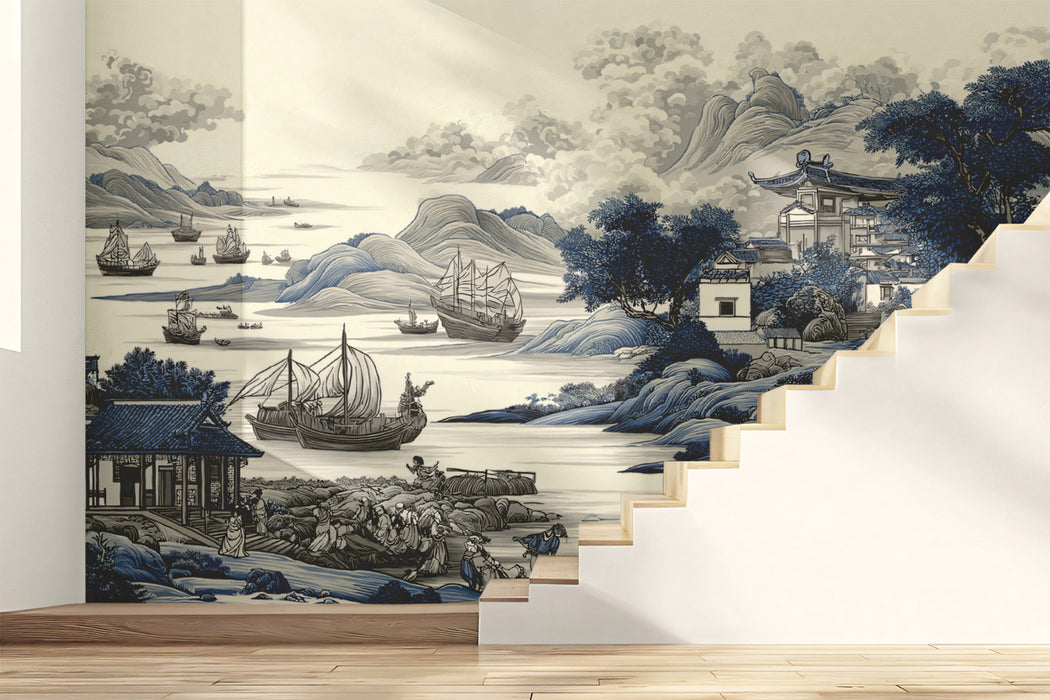 Classic Blue and White Porcelain Landscape Mural | Traditional Chinoiserie Seascape Wallpaper