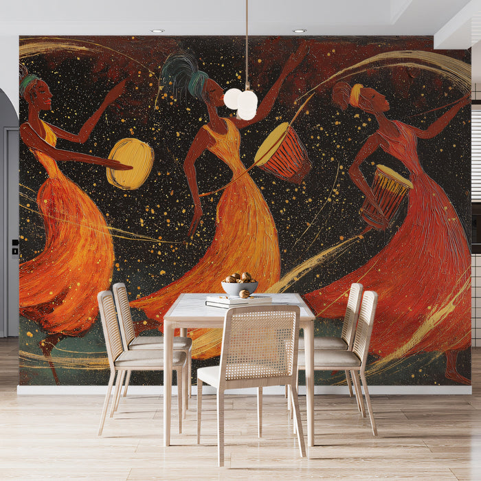 African Drum Dance Night Mural | Vibrant Ethnic Rhythm Art Wallpaper