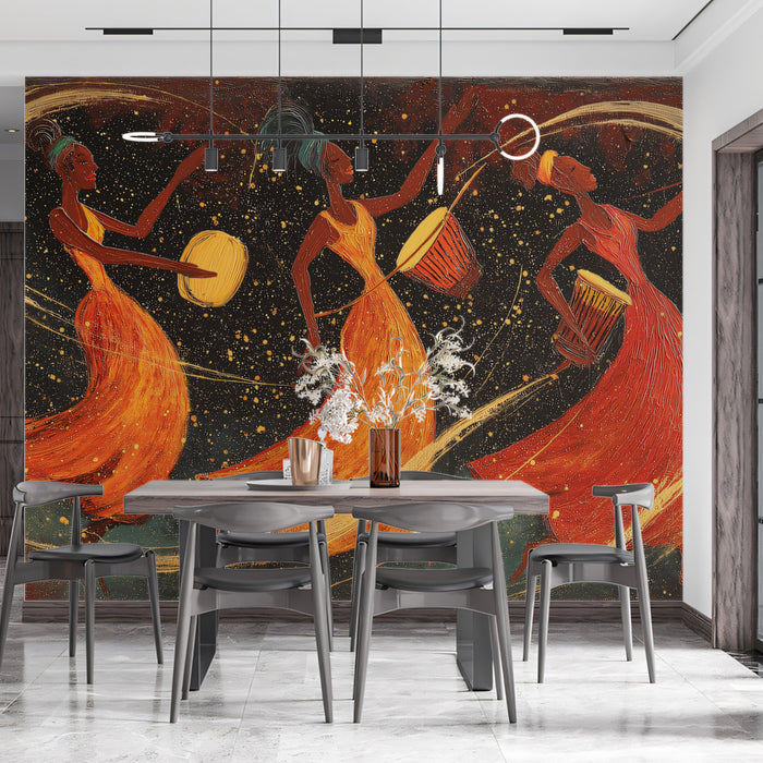 African Drum Dance Night Mural | Vibrant Ethnic Rhythm Art Wallpaper