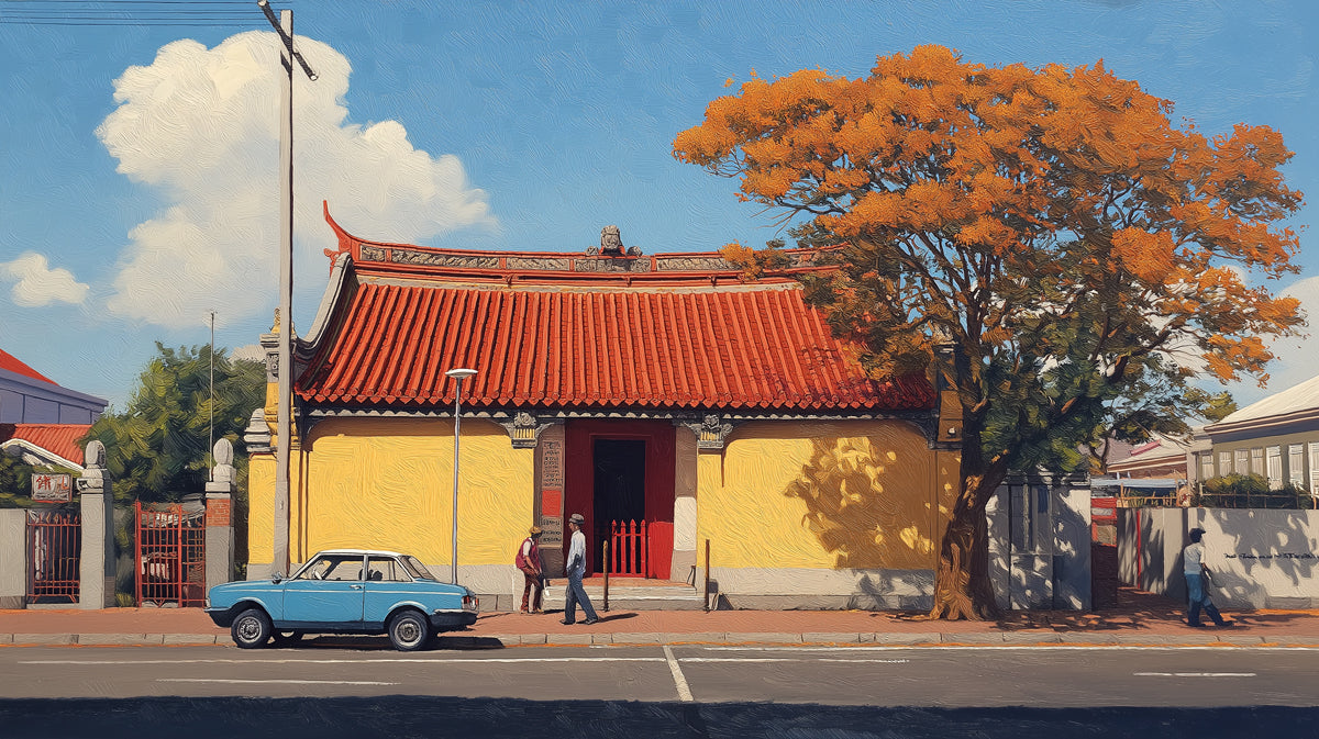 Chinese Street Scene with Vintage Blue Car Mural | Sunny Architectural Art