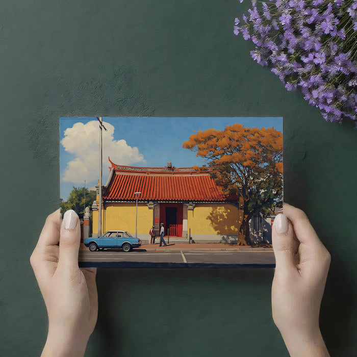 Chinese Street Scene with Vintage Blue Car Mural | Sunny Architectural Art