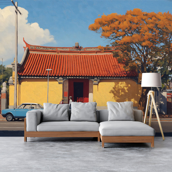 Chinese Street Scene with Vintage Blue Car Mural | Sunny Architectural Art