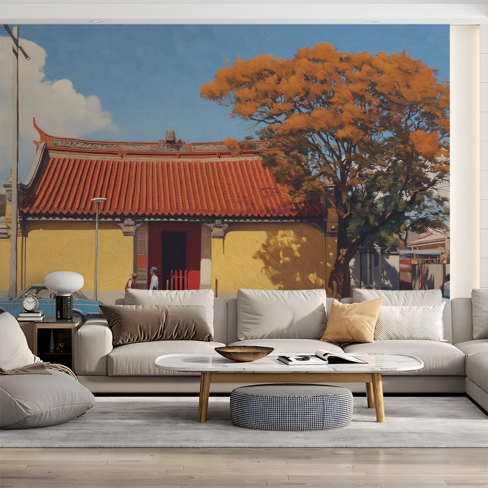 Chinese Street Scene with Vintage Blue Car Mural | Sunny Architectural Art