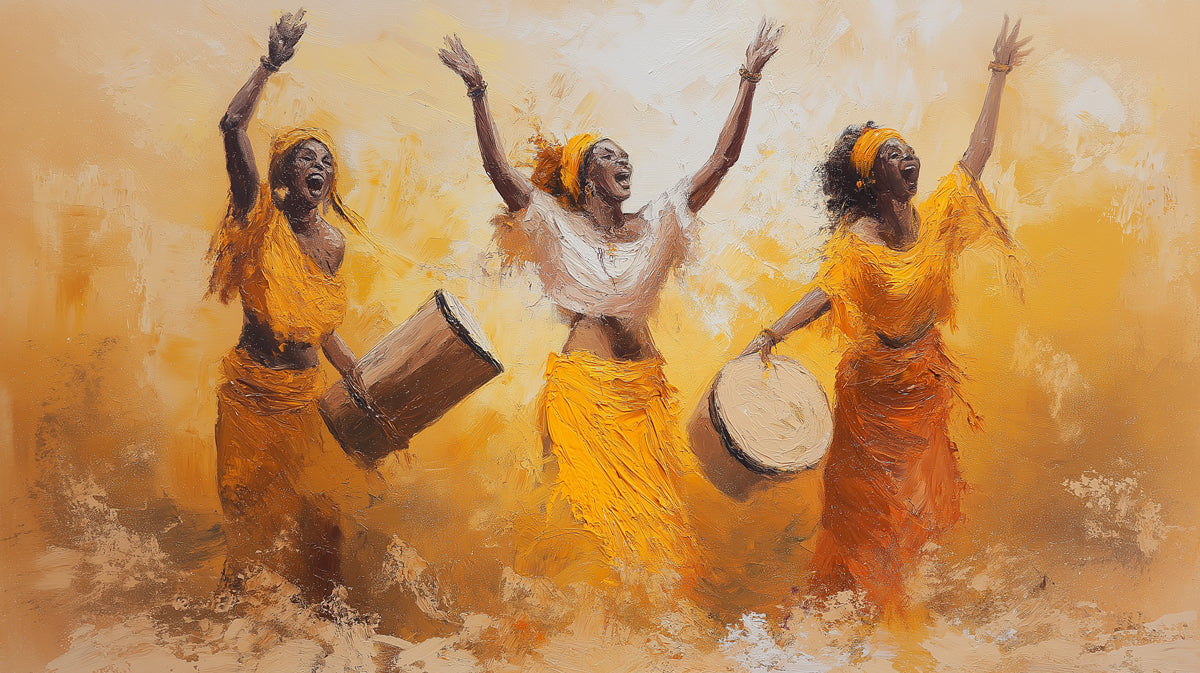 Golden Joy African Dance Oil Painting Mural | Sun-Drenched Impasto Art Wallpaper