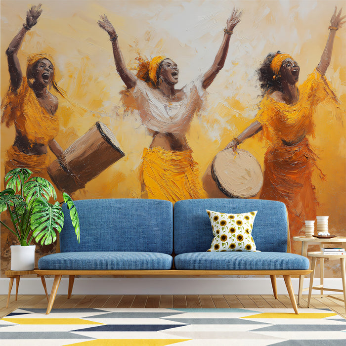 Golden Joy African Dance Oil Painting Mural | Sun-Drenched Impasto Art Wallpaper
