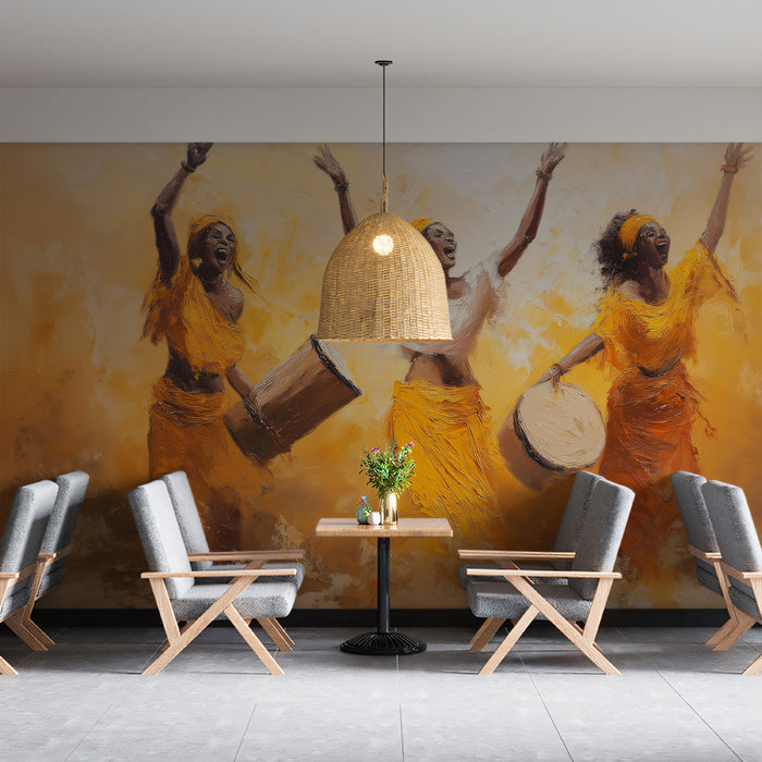 Golden Joy African Dance Oil Painting Mural | Sun-Drenched Impasto Art Wallpaper