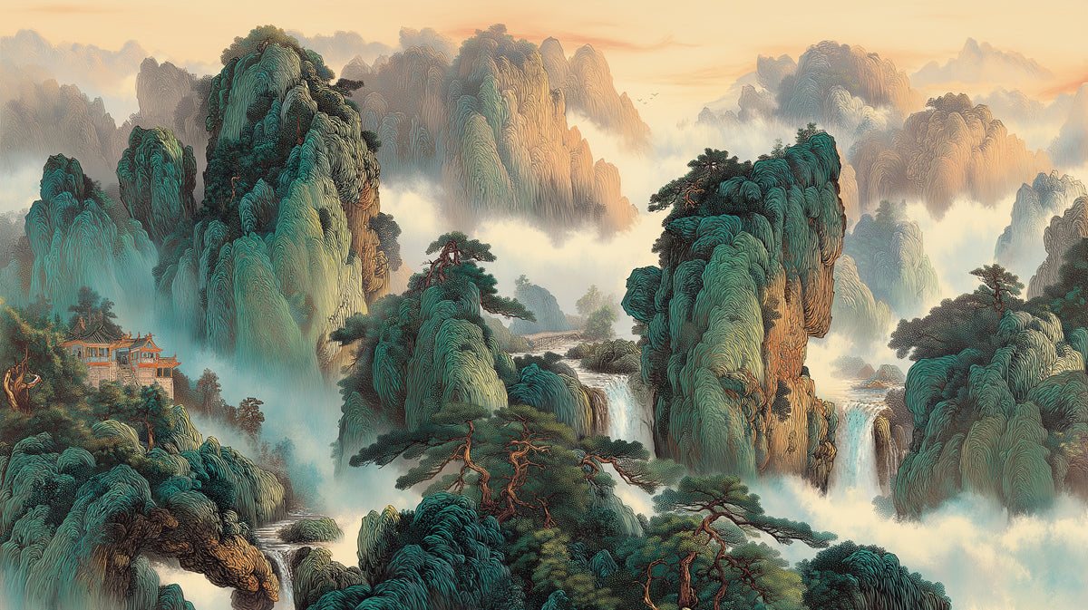 Emerald Peak Waterfall Mist Mural | Reimagined Chinese Shanshui Art