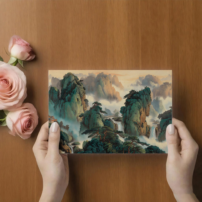 Emerald Peak Waterfall Mist Mural | Reimagined Chinese Shanshui Art