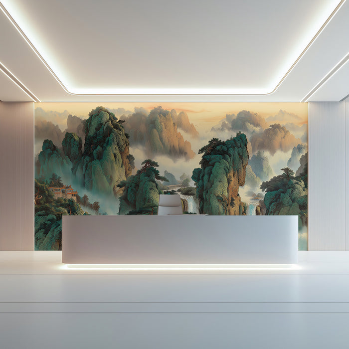 Emerald Peak Waterfall Mist Mural | Reimagined Chinese Shanshui Art
