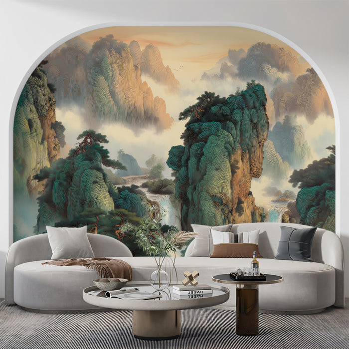 Emerald Peak Waterfall Mist Mural | Reimagined Chinese Shanshui Art