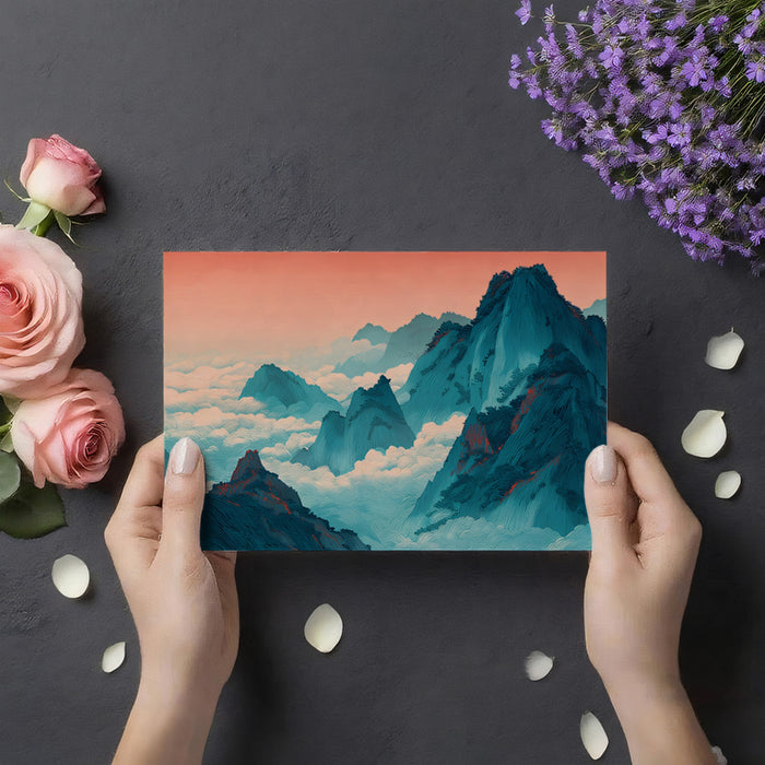 Teal Mountain Peaks and Sea of Clouds Mural | Ethereal Sunset Landscape Wallpaper