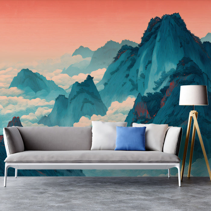 Teal Mountain Peaks and Sea of Clouds Mural | Ethereal Sunset Landscape Wallpaper