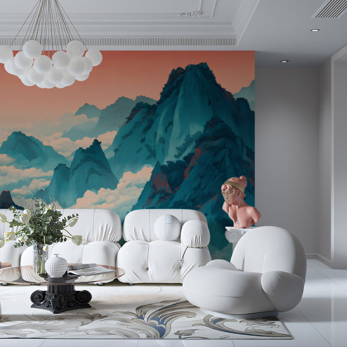 Teal Mountain Peaks and Sea of Clouds Mural | Ethereal Sunset Landscape Wallpaper