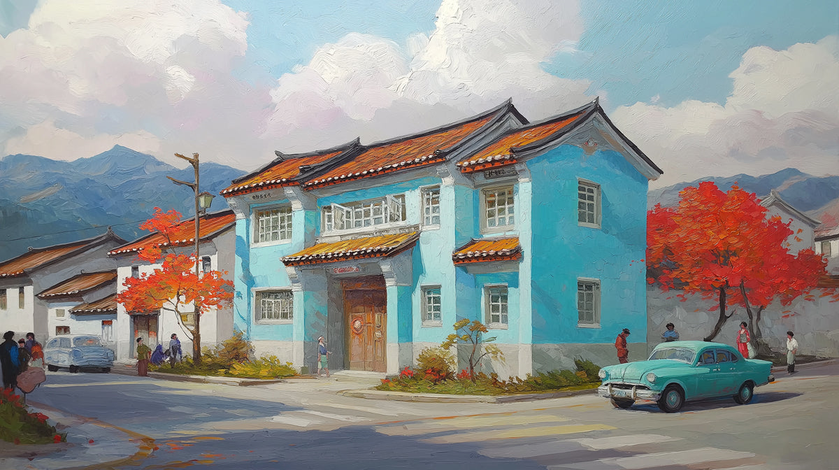 Heritage Blue House and Vintage Car Mural | Autumn Nostalgia Village Art