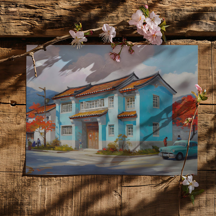 Heritage Blue House and Vintage Car Mural | Autumn Nostalgia Village Art