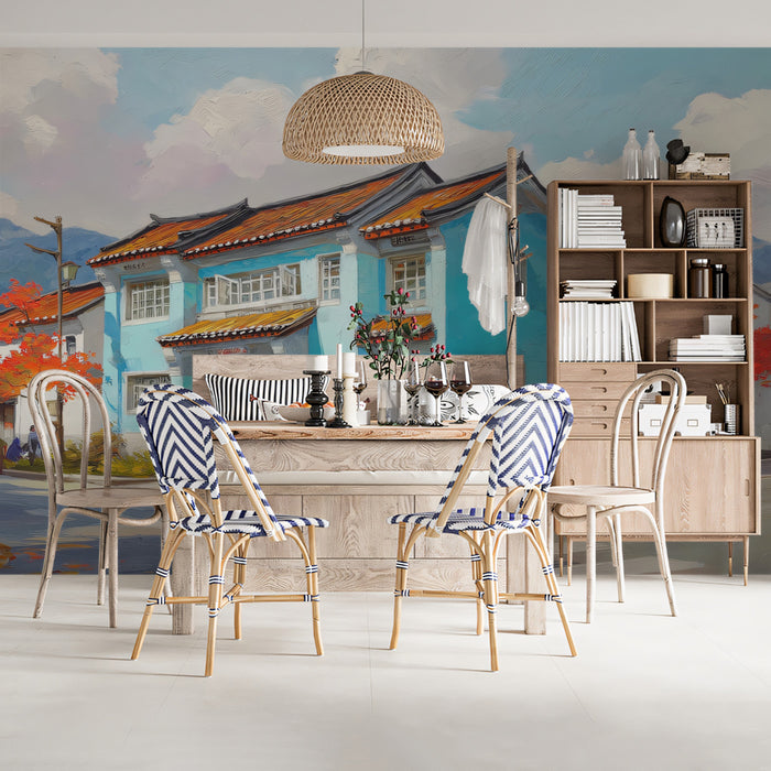 Heritage Blue House and Vintage Car Mural | Autumn Nostalgia Village Art