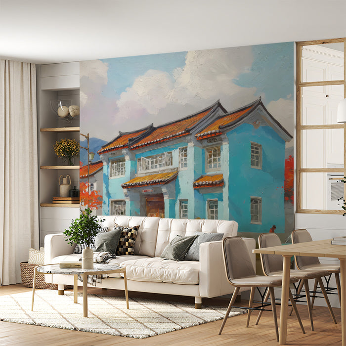 Heritage Blue House and Vintage Car Mural | Autumn Nostalgia Village Art